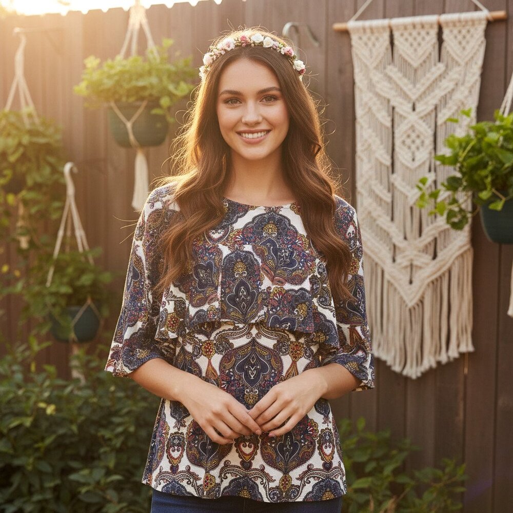 Jules Leopold L Top Blue Paisley Boho Hippie Psychedelic Ruffle‎ Artsy Indie Mod